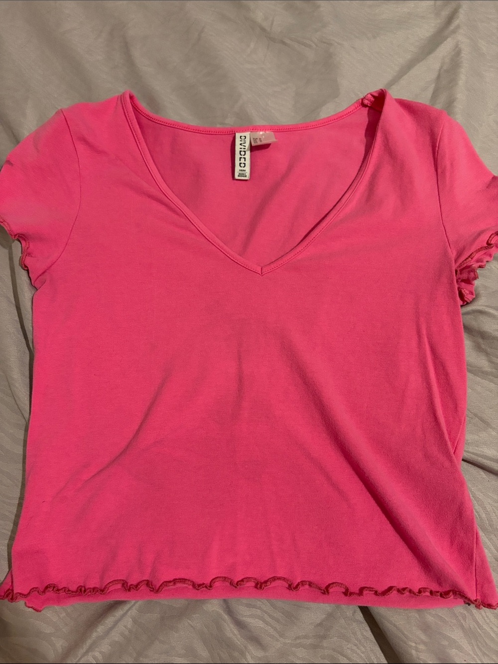 Divided Hot Pink V-Neck Lettuce-Edge Crop Top